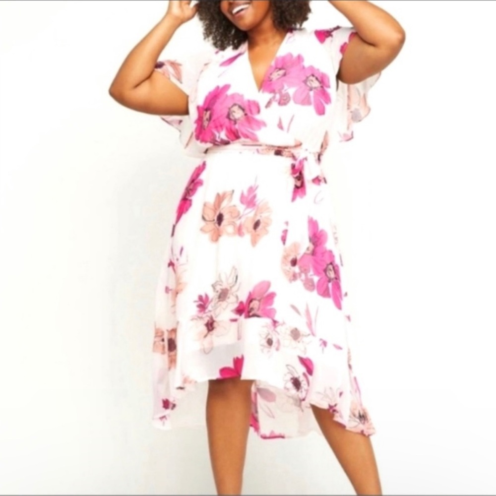 NWT Lane Bryant White Floral Belted Hi-Low Dress